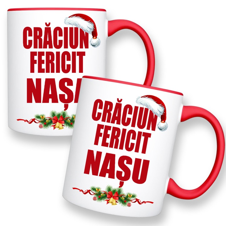 Set 2 cani cu mesaj:"Craciun fericit Nasa/Nasu", Betaprint, Model 4, ceramica, alba cu interior rosu, 330ml