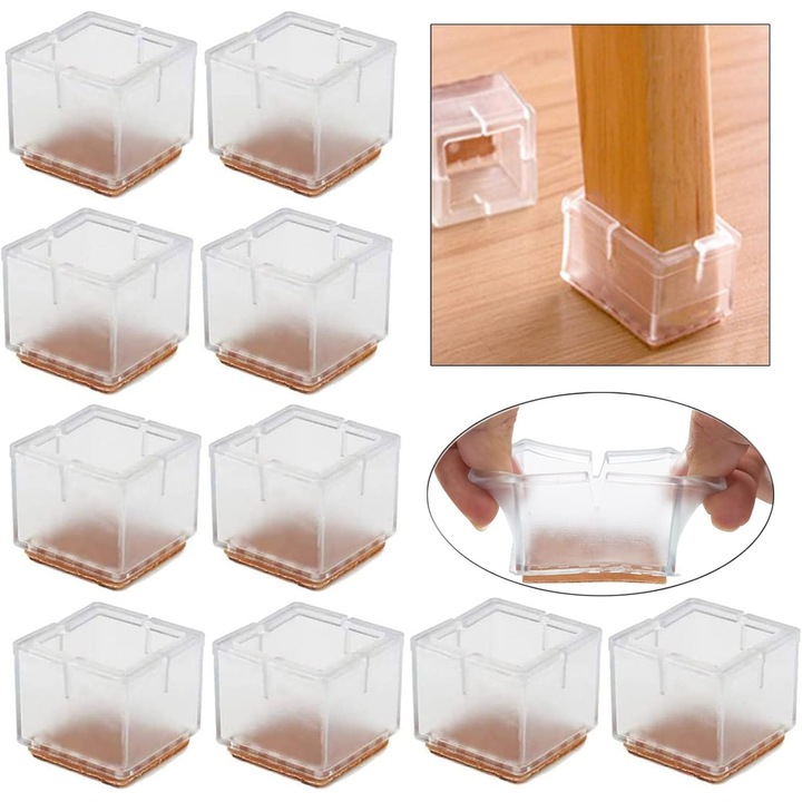 Protectoare de podea pentru picioare de scaun, silicon transparent durabil pentru miscare fara frecare, capac pentru picioare de mobilier patrate pentru protectia podelei din lemn