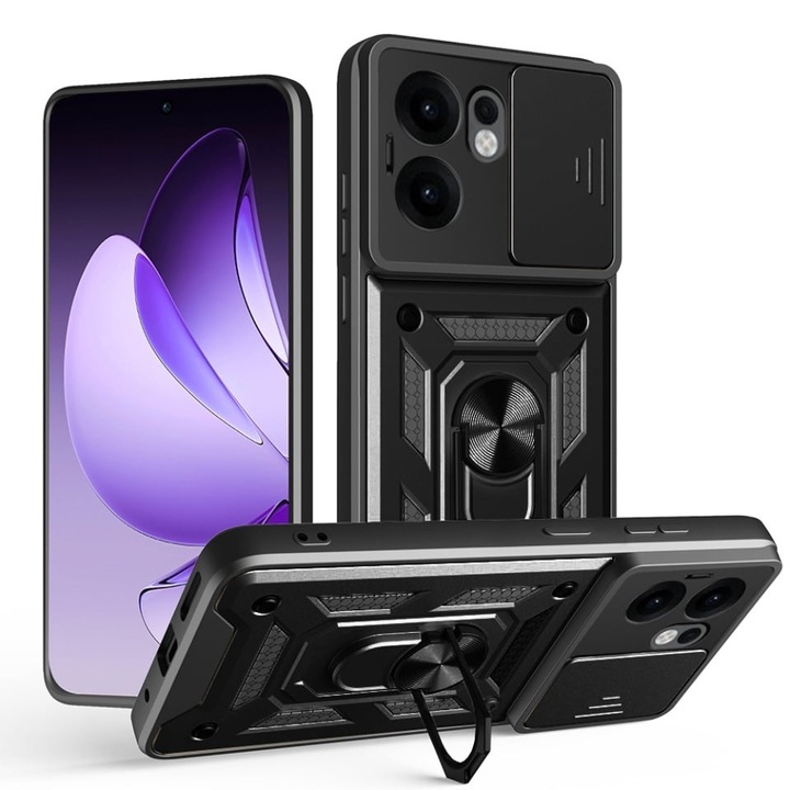 Husa pentru Oppo Reno13 F 4G / Reno13 F 5G / Reno13 FS 5G, SKYDDAR INNOVATION, CamShield, Inel magnetic, set cu sticker, Negru