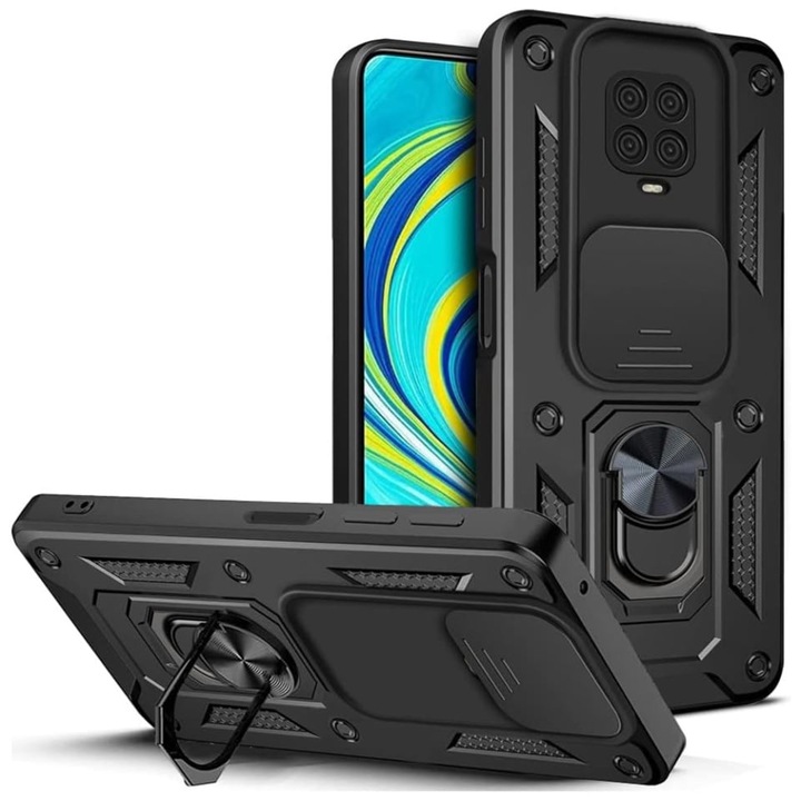 Husa pentru Xiaomi Redmi Note 9 Pro / Redmi Note 9S / Redmi Note 9 Pro Max, SKYDDAR INNOVATION, CamShield, Inel magnetic, set cu sticker, Negru