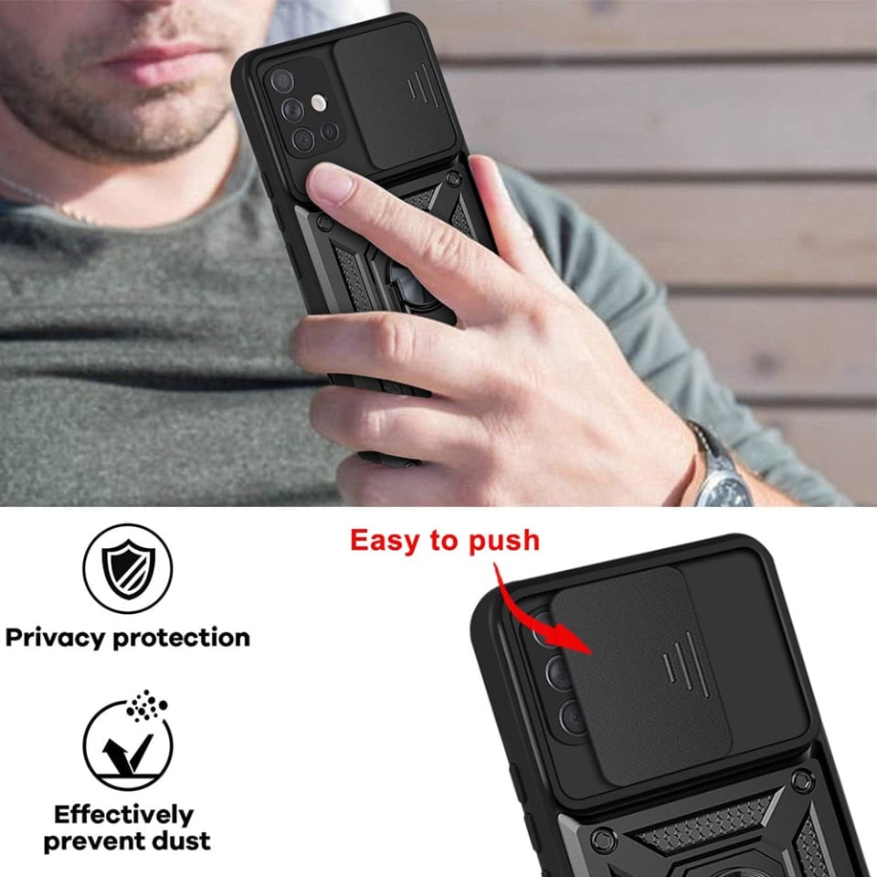 Husa pentru Samsung Galaxy A71 4G, SKYDDAR INNOVATION, CamShield, Inel magnetic, set cu sticker, Negru