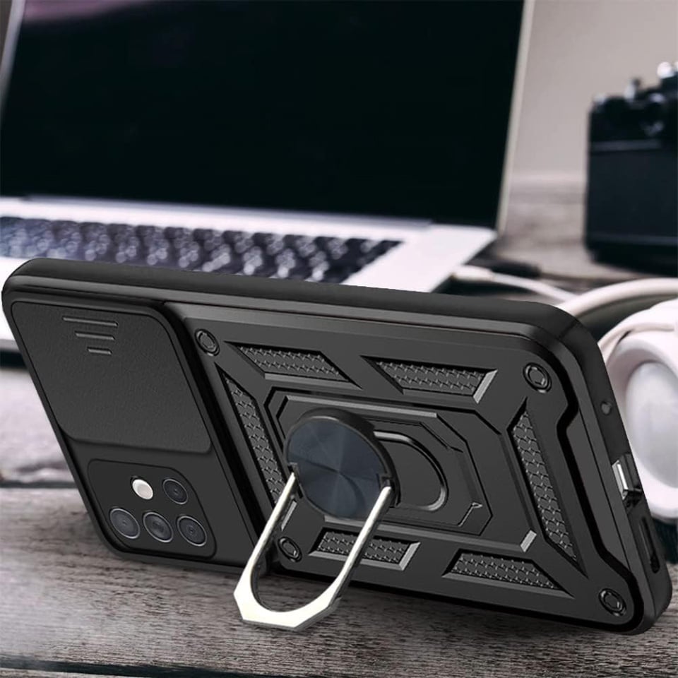 Husa pentru Samsung Galaxy A71 4G, SKYDDAR INNOVATION, CamShield, Inel magnetic, set cu sticker, Negru