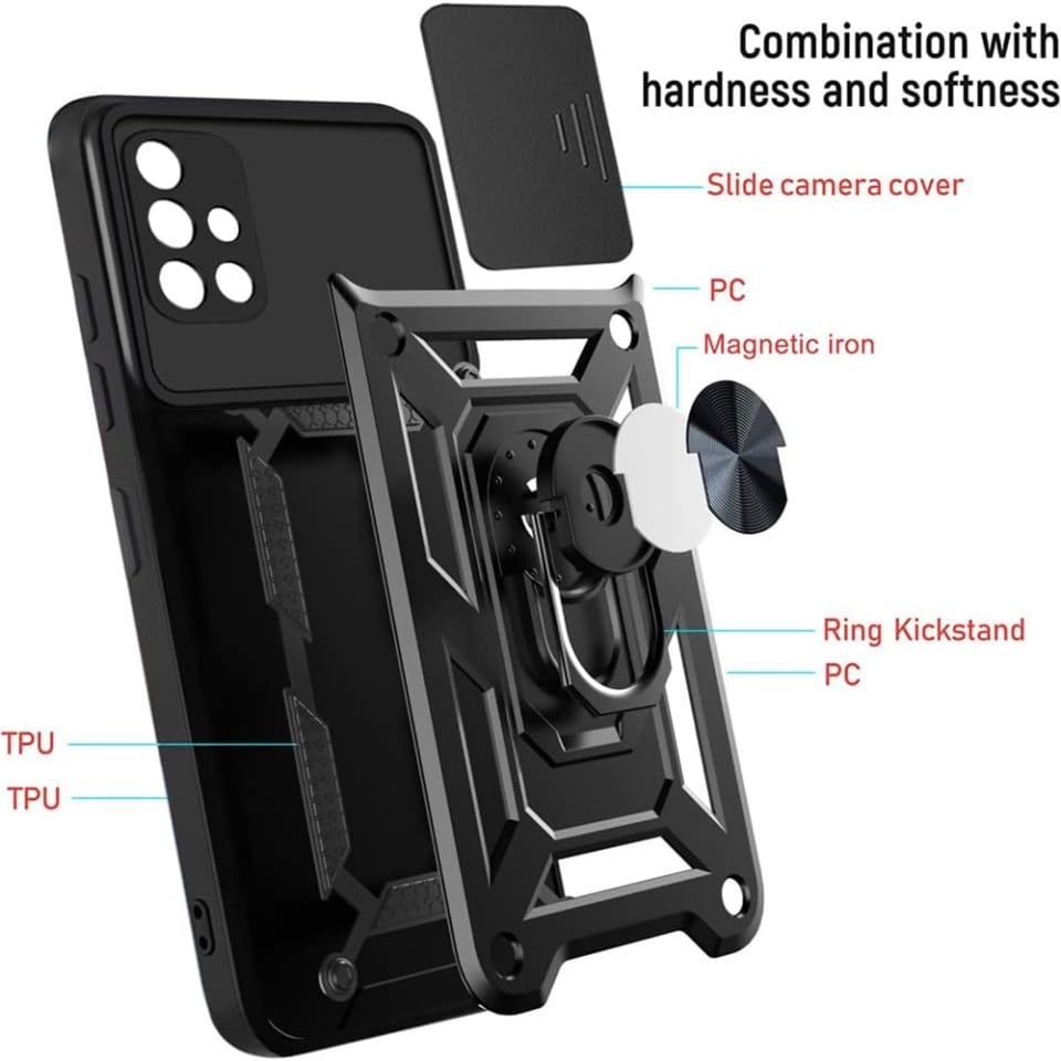 Husa pentru Samsung Galaxy A71 4G, SKYDDAR INNOVATION, CamShield, Inel magnetic, set cu sticker, Negru