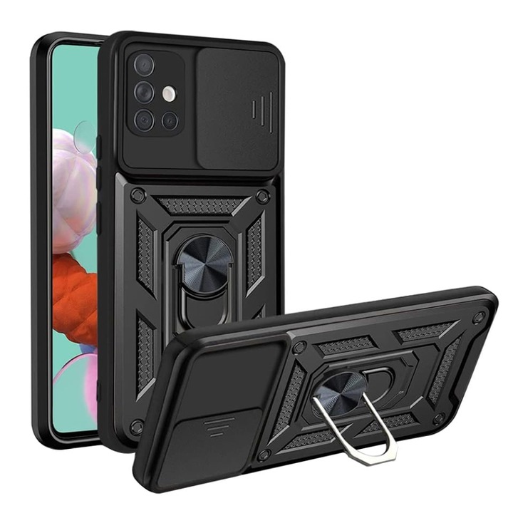 Husa pentru Samsung Galaxy A51 4G, SKYDDAR INNOVATION, CamShield, Inel magnetic, set cu sticker, Negru