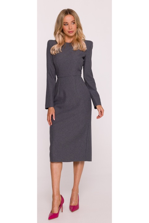 Midi ruha, S412 Szürke Kerek nyakkivágás Hosszú ujjak, Rejtett cipzár hátul, Szürke