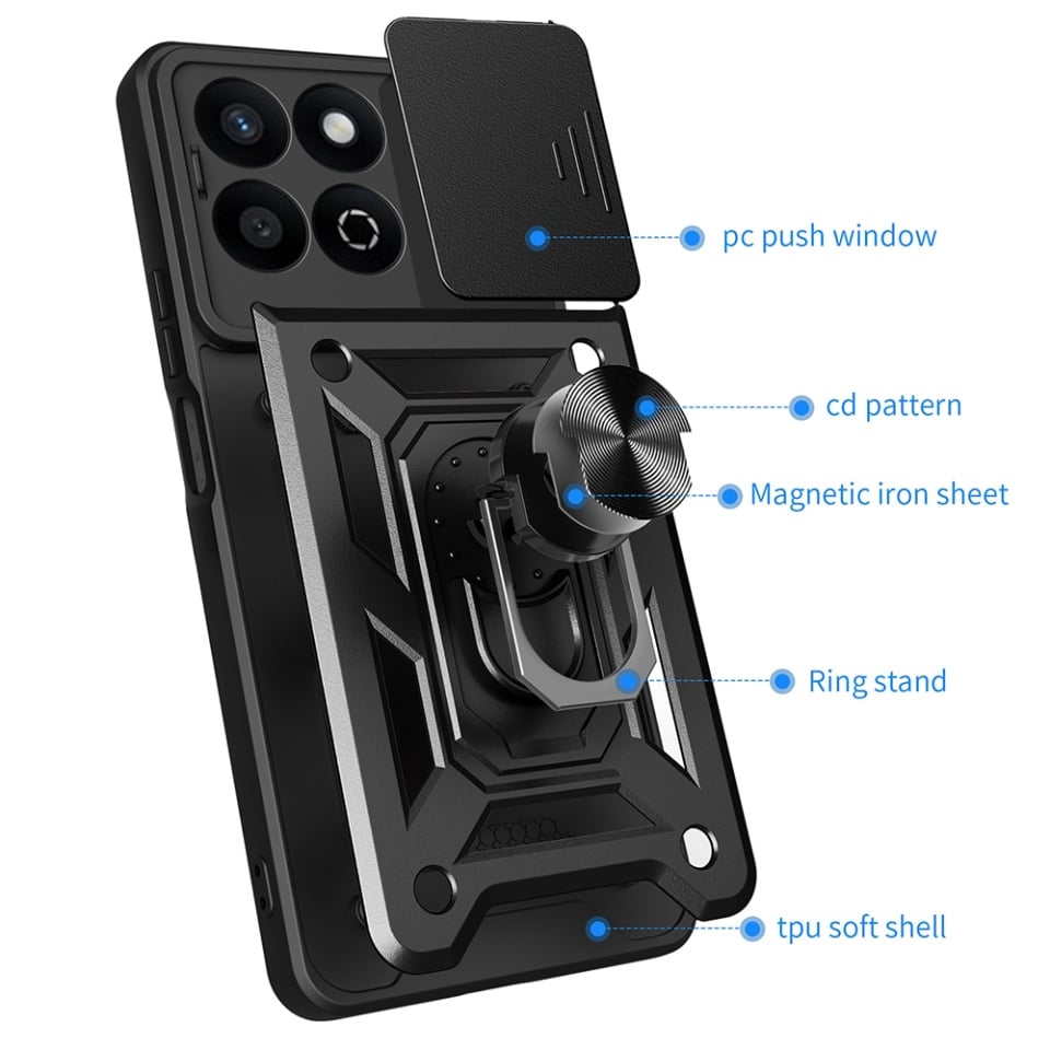 Husa pentru Honor 200 Smart / X7c, SKYDDAR INNOVATION, CamShield, Inel magnetic, set cu sticker, Negru