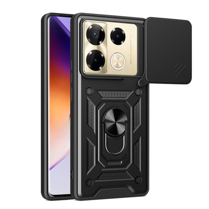 Husa pentru Infinix Note 40 Pro 4G, SKYDDAR INNOVATION, CamShield, Inel magnetic, set cu sticker, Negru