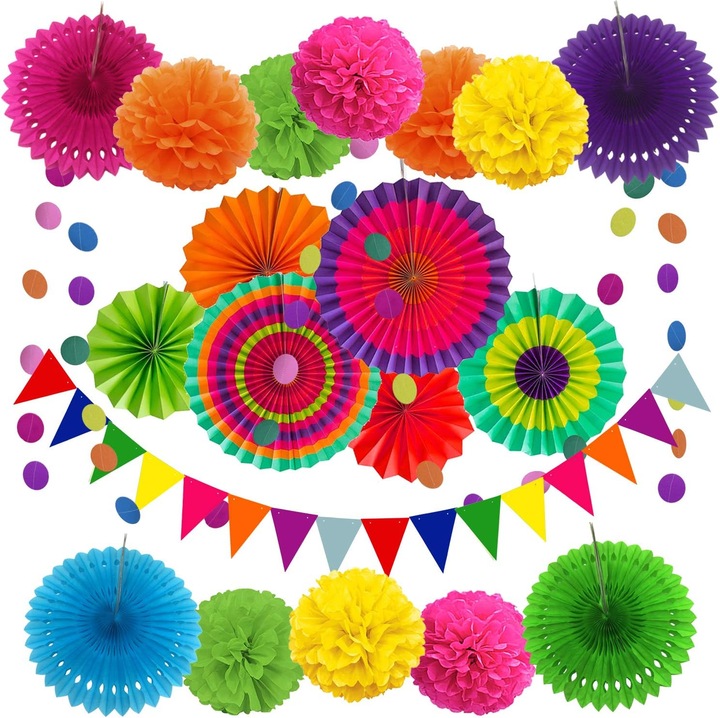 23 darabos szett, dekorációk/díszek partira, papír pomponok és legyezők, háromszög alakú zászlócskák és pöttyös girland, újrafelhasználható, könnyen összeszerelhető, többszínű