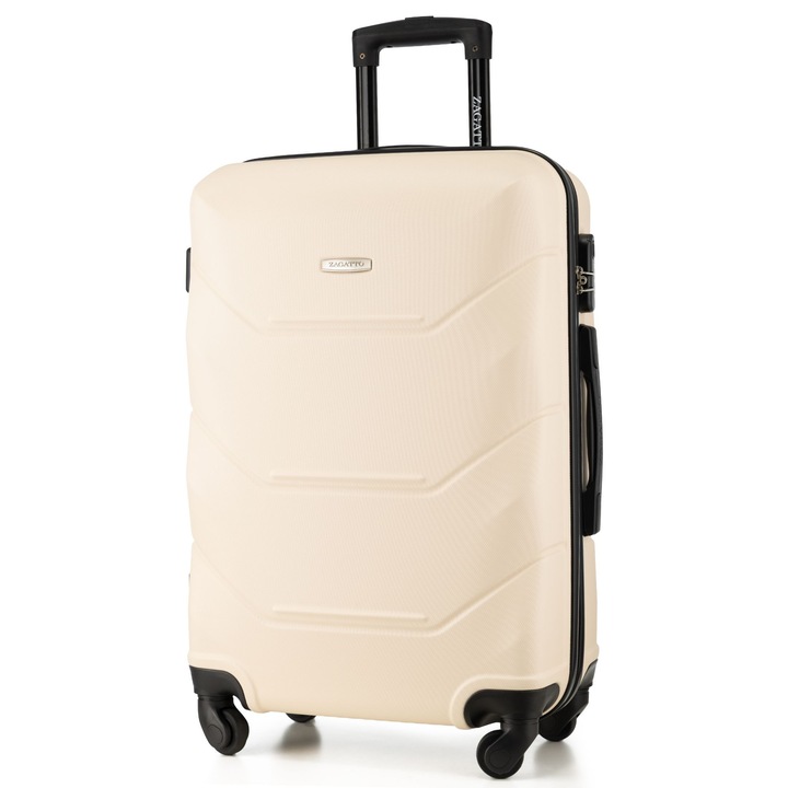 Среден куфар, Zagatto®, Бежов, Размери 65x42x26 см, Куфар за багаж за чекиране, Телескопична дръжка от алуминий, 4 колела на 360 градуса, Странични защитни крачета, Код, Устойчив ABS, Куфар за пътуване 60л, ZG504 ABS B SAND