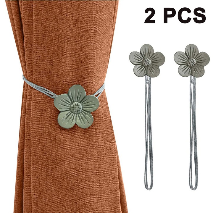 Agrafe magnetice pentru perdele, cleme draperii Camellia retro, din rasina, magnet puternic, Gri, 1 pereche