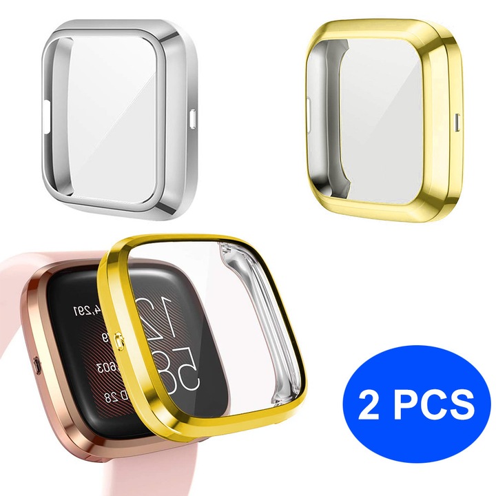 2 db TPU tok Fitbit Versa 2-höz, teljes védelem, átlátszó + fekete, 42x42x6,2mm
