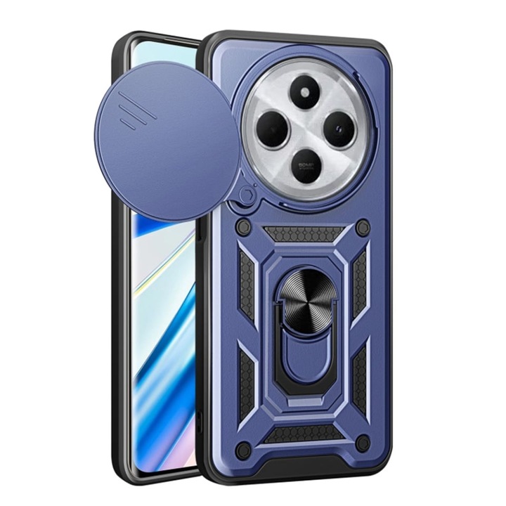 Husa pentru Xiaomi Redmi 14C / Poco C75, SKYDDAR INNOVATION, CamShield, Inel magnetic, set cu sticker, Albastru
