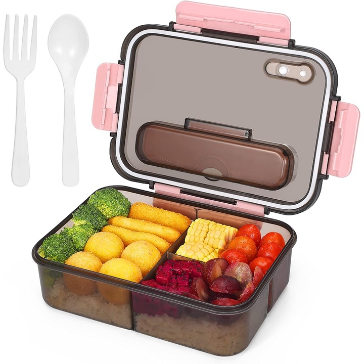 HERUSI Bento ételtároló doboz, 3 rekeszes, 1500ml, evőeszközökkel, fehér, 23x17x7cm