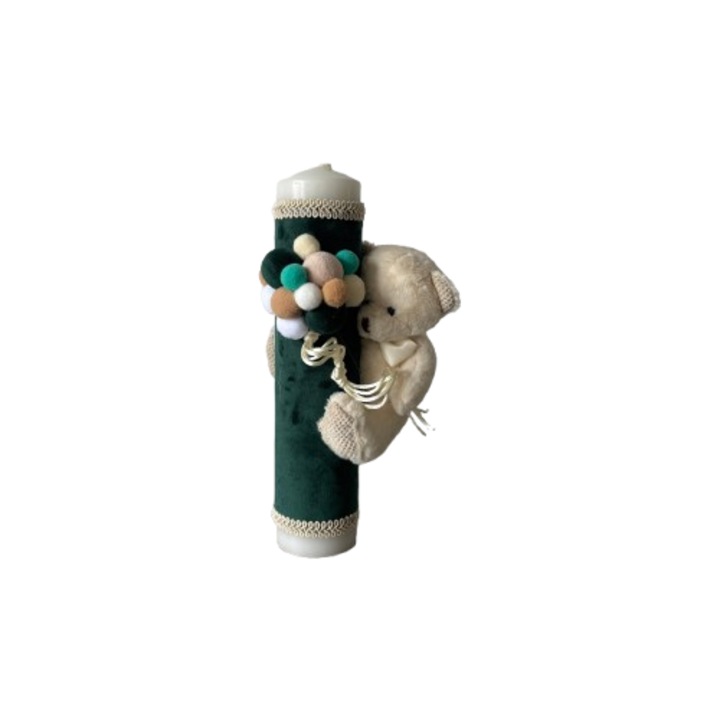 Lumanare botez, verde, 30 cm, model ursulet cu baloane