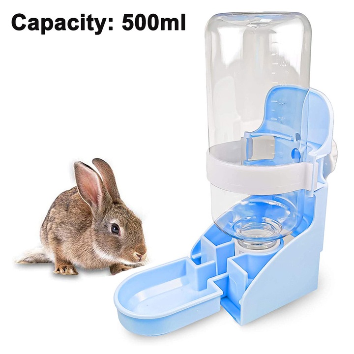 Dispenser automat de apa pentru animale de companie, 500ml, albastru, pentru caini, porcusori de Guineea, hamsteri, iepuri