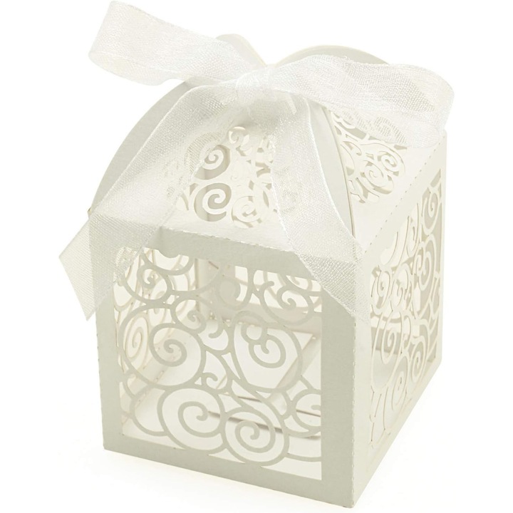 Set 100 cutii cadou petrecere, design dantela, alb, 5x5x8cm, panglica 40mm