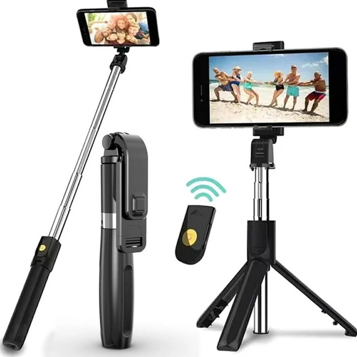 Selfie stick multifunctional Sternhoff, Trepied Stabil Suport Telefon Rotativ, Telecomanda Bluetooth Detasabila 4.2, Compatibil Universal cu iOS si Android, Ideal pentru Vlogging, Calatorii si Foto, Culoare Negru Eleganta