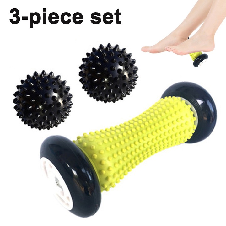 Set aparat de masaj pentru picioare, 1 rola si 2 mingi cu tepi, tratament pentru fasciita plantara, negru/galben