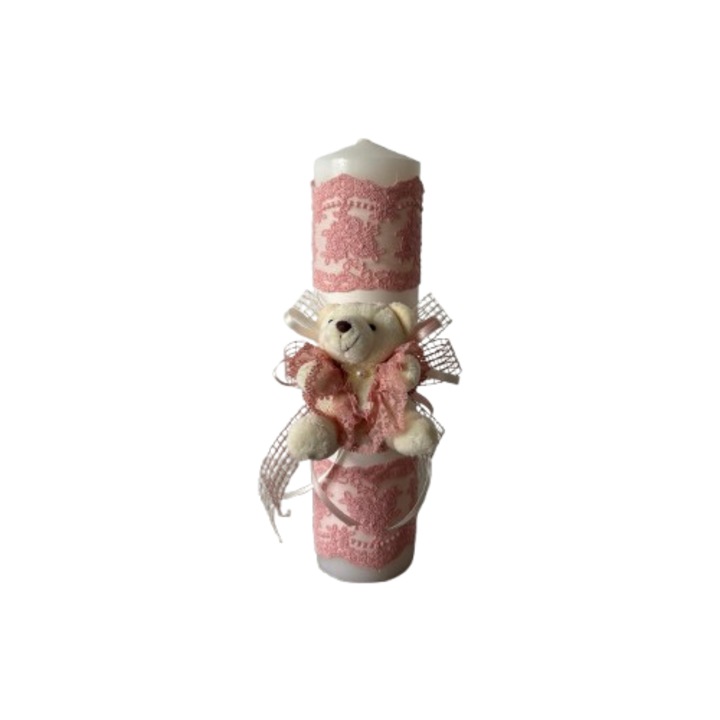 Lumanare botez Loona's, roz, 30 cm, model ursulet cu fundita
