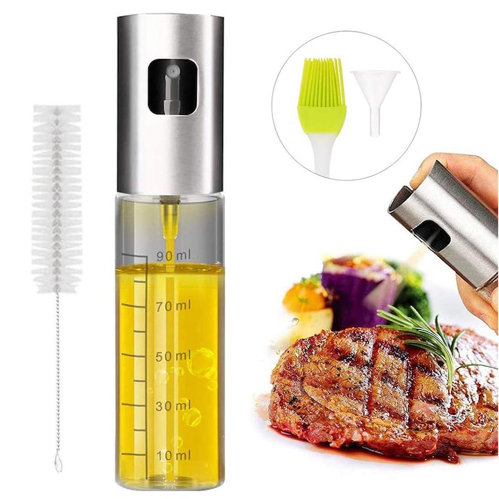 Pulverizator ulei 100ml HERUSI inox sticla transparenta set cu perie palnie