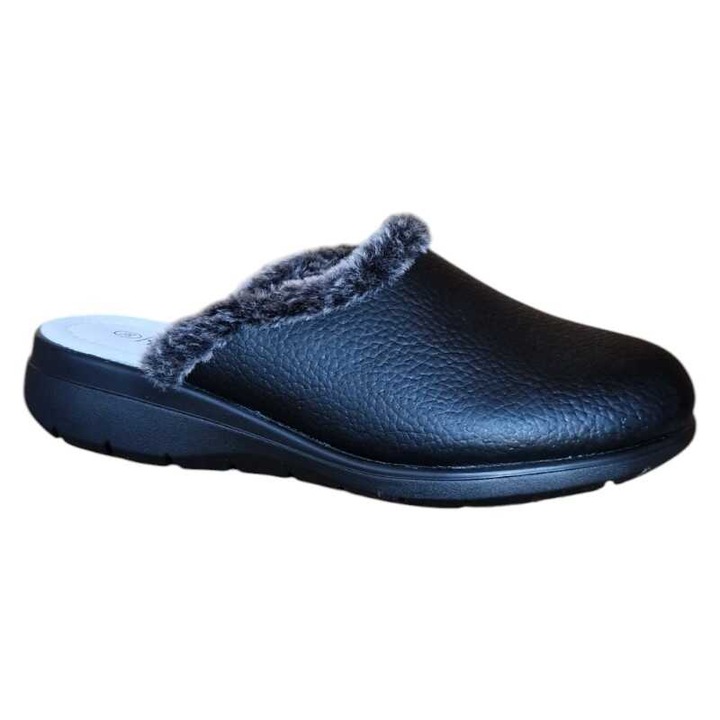 Papuci de casa din piele naturala pentru femei, marca Confort, cu brant din piele natural, captuseala din blanita, cu talpa plina, Negru, 39 EU
