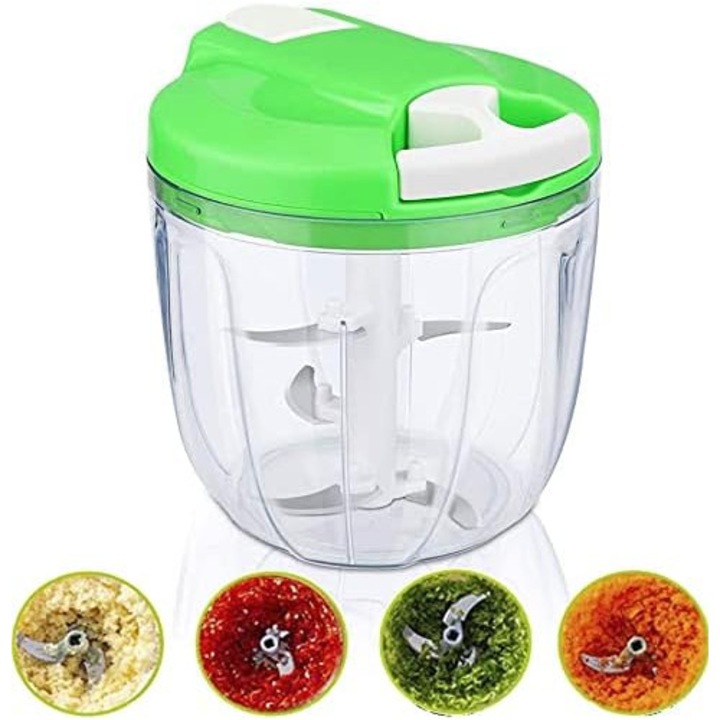 Tocator manual legume si fructe, mini blender, fara curent si silentios, piese detasabile si usor de curatat, verde/transparent, 1 buc