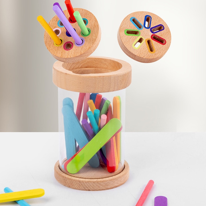 Jucărie educațională din lemn Kidsbele, set galeată de sortare a culorilor, colorat, 7x10, 5cm