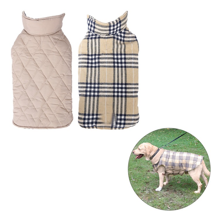 HERUSI kutyaruha, megfordítható, vízálló, bélelt, skót kockás, XS-XL méretek