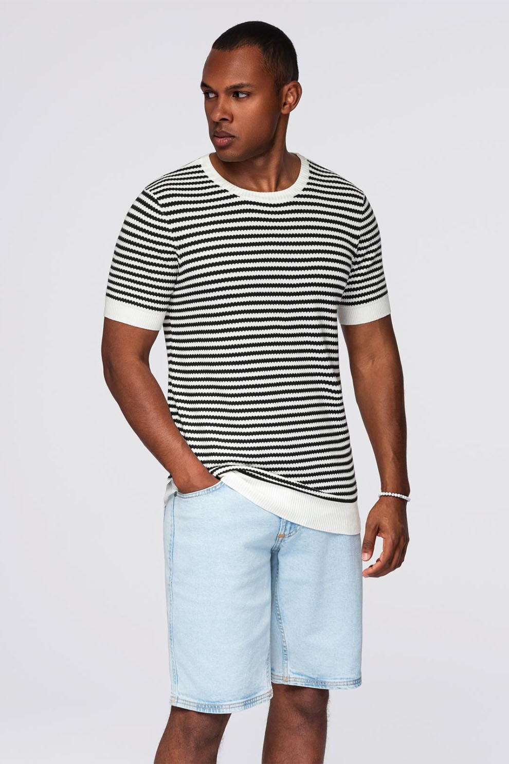 OMBRE, Tricou tricotat fin cu dungi, Alb, Negru, M