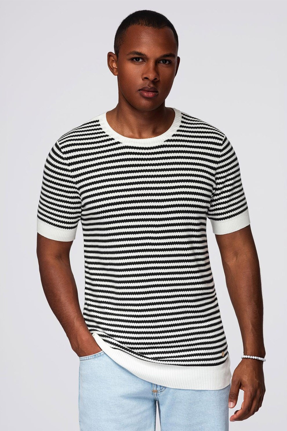 OMBRE, Tricou tricotat cu decolteu la baza gatului, Alb, Negru, XL