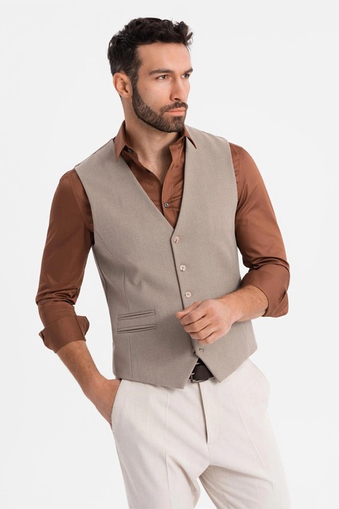 OMBRE, Vesta slim-fit cu decolteu in V, Maro taupe, XL