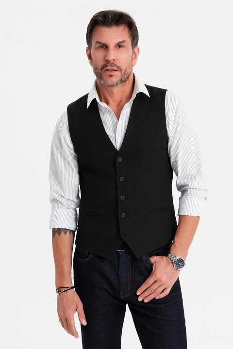 OMBRE, Vesta slim-fit cu decolteu in V, Negru, S