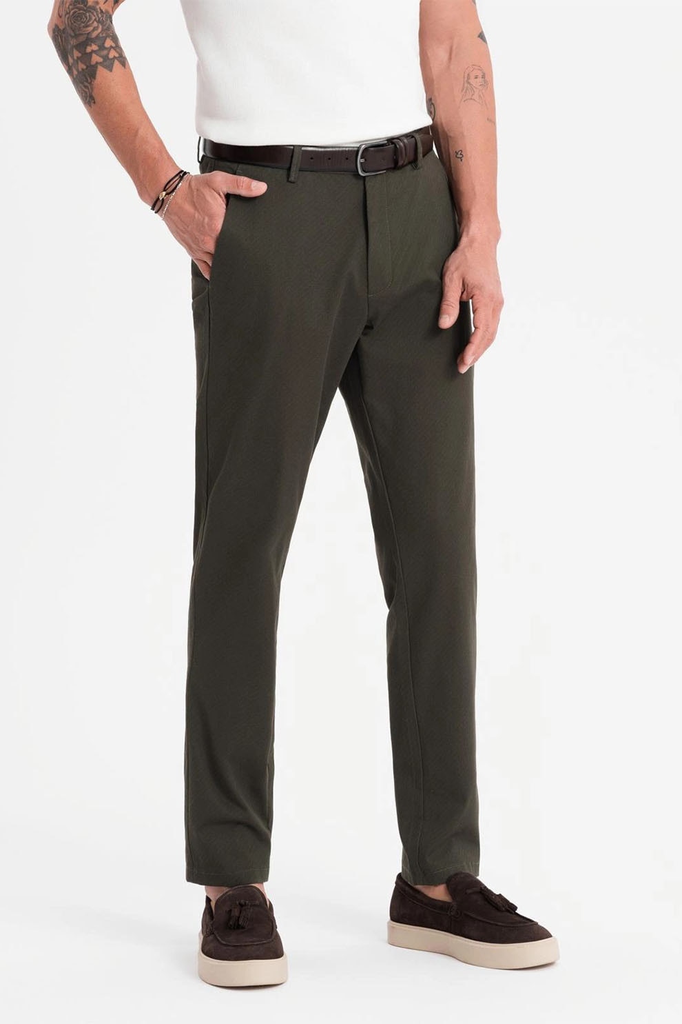 OMBRE, Pantaloni drepti cu talie medie, Verde inchis, S