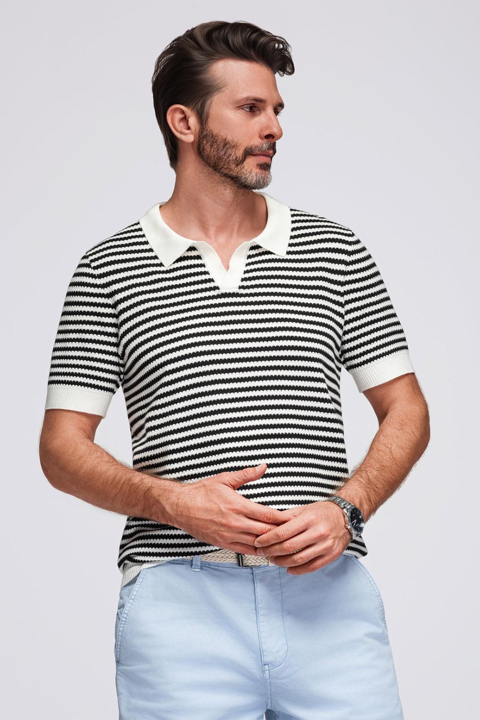 OMBRE, Tricou polo cu dungi, Alb, Negru, XL