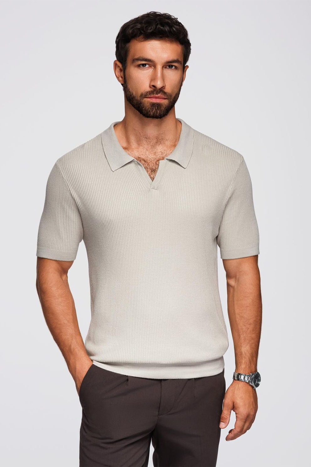 OMBRE, Tricou polo striat, Gri deschis, XL