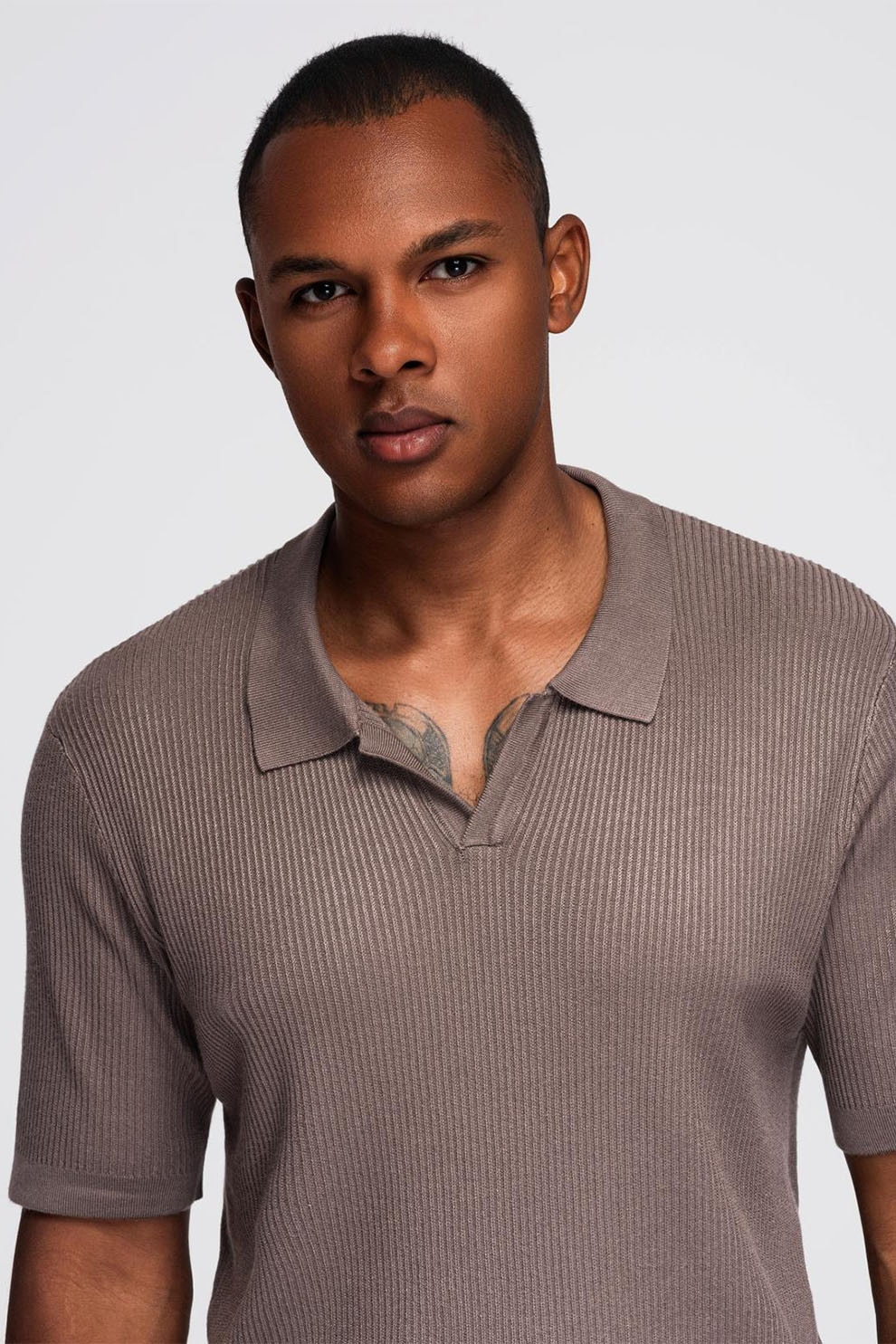 OMBRE, Tricou polo striat, Maro taupe, L