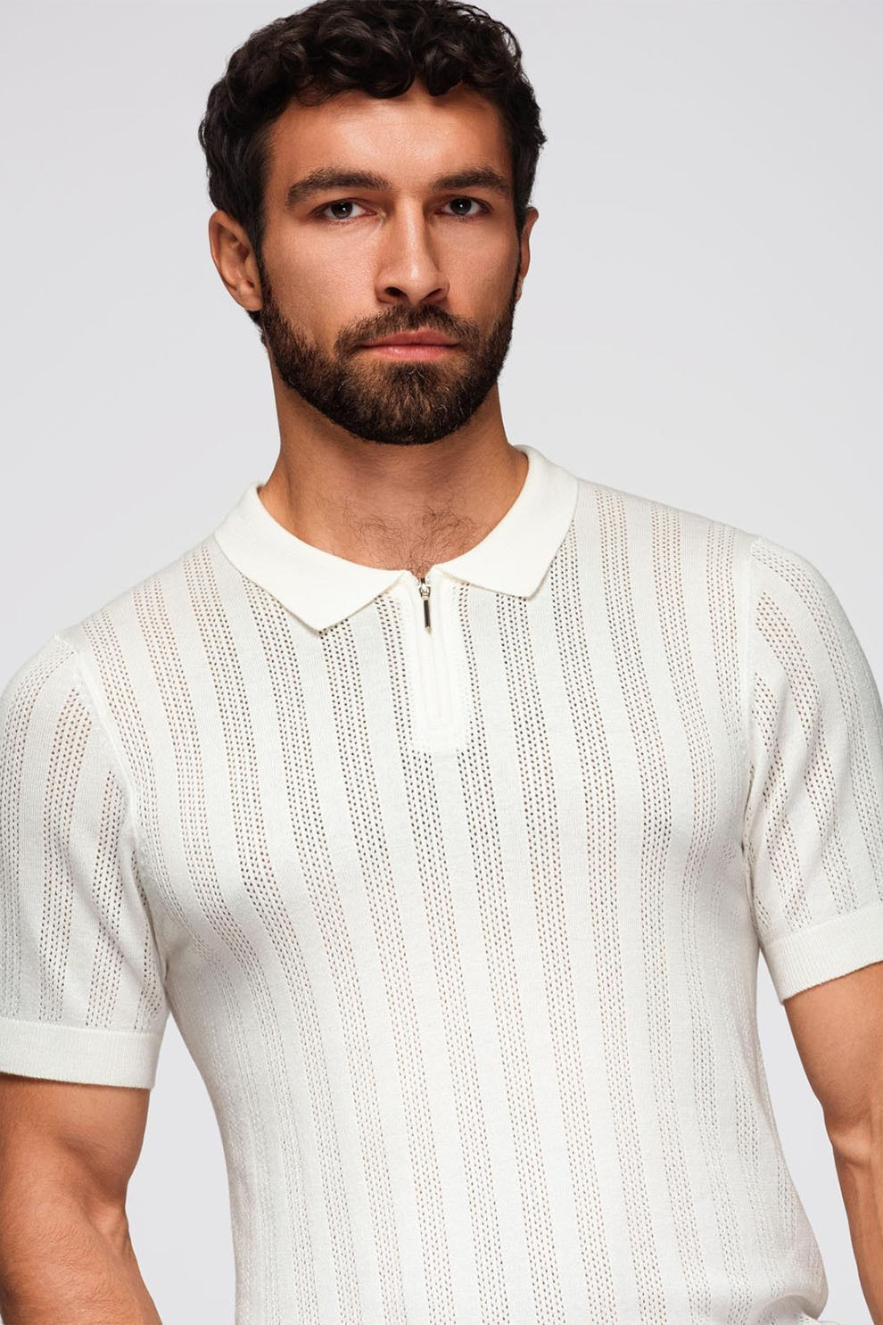 OMBRE, Tricou uni cu fenat cu fermoar, Alb, XL