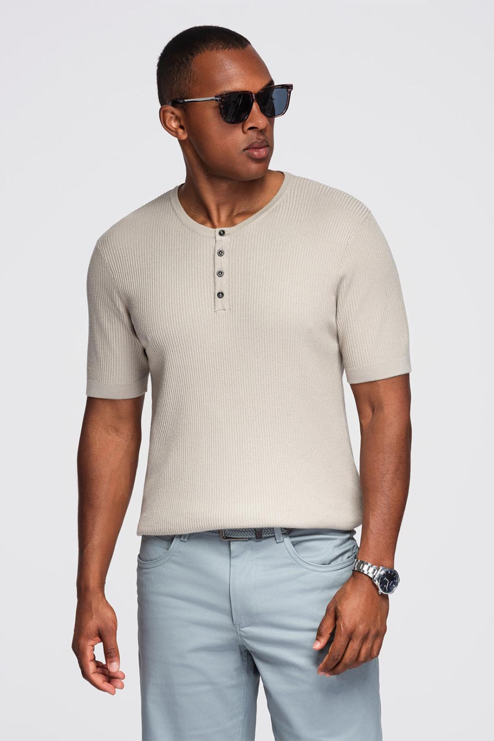 OMBRE, Tricou slim fit cu striatii si decolteu henley, Gri deschis, XL