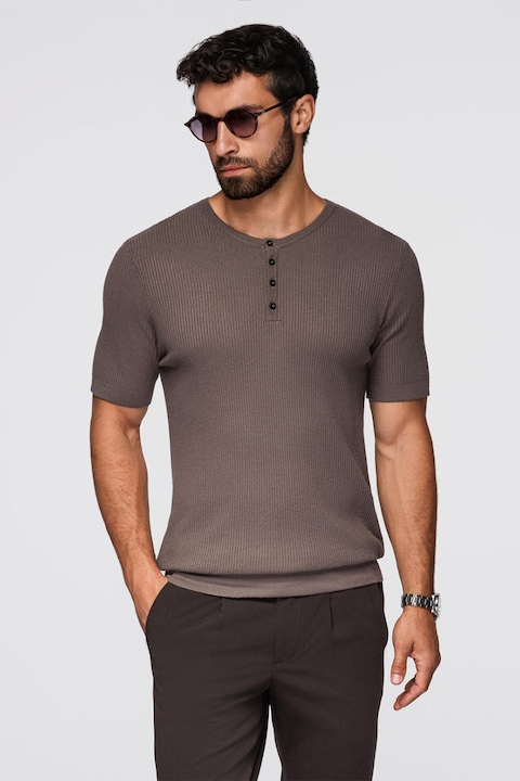 OMBRE, Tricou slim fit cu striatii si decolteu henley, Maro taupe, S