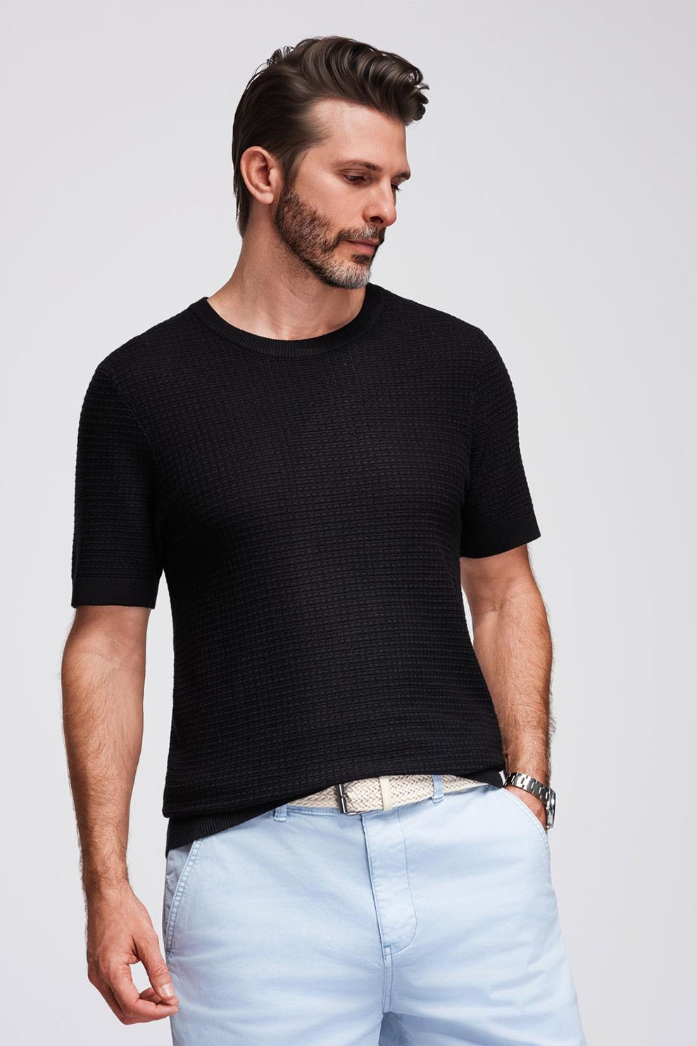 OMBRE, Tricou tricotat cu decolteu la baza gatului, Negru, XL