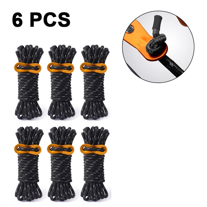Set 6 sfori reflectorizante 4mm cu tensiune de 260kg, negru, pentru camping si drumetii