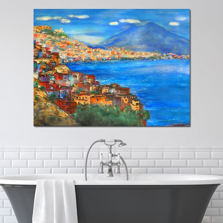 Картина, LuxCanva® O1027, Светлина над Неапол, 45 X 60 СМ, 100% Памучно Платно 400гр/м2, Подрамка, Дърво, Град, Бряг, Италия, Средиземноморие, Слънце, Планина, Море, Къща, Дъга, Хроматичен, Лазур, Слънчев, Топлина, Безоблачност, Офис, Хол, Спалня