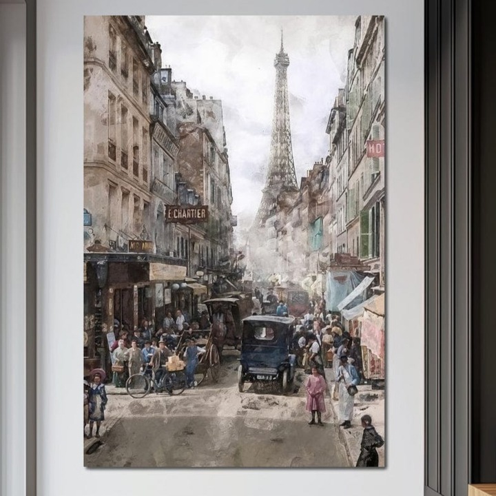 Tablou Canvas Premium, LuxCanva® O1026, Inimi Pariziene, 100 X 150 CM, Panza Bumbac 100% 400g/m2, Sasiu, Lemn, Franta, Turnul Eiffel, Aglomerat, Bulevard, Vechi, Boem, Trecut, Capitala, Etern, Pitoresc, Romantism, Elegant, Birou, Living, Dormitor