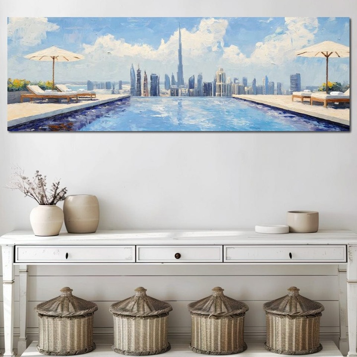 Картина, LuxCanva O1031, Синият безкрай, 50 X 100 СМ, 100% Памучно платно 400гр/м2, Рамка, Дърво, Син, Релакс, Луксозен, Безметежност, Лазур, Хармония, Облаци, Вода, Хоризонт, Мост, Отражение, Оазис, Височина, Живот, Офис, Всекидневна, Спалня