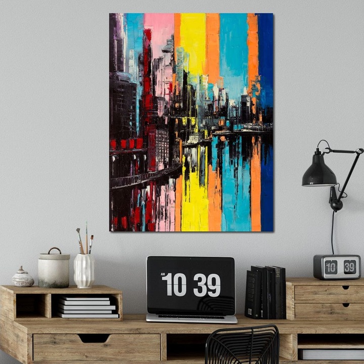 Премиум Канава Картина, LuxCanva® O1028, Градът на дъгата, 75 X 100 СМ, 100% Памучно платно 400гр/м2, Рамка, Дърво, Цвят, Отражение, Градски, Нощ, Сгради, Метрополис, Абстрактен, Модерност, Интензивност, Пулс, Динамизъм, Блясък, Офис, Всекидневна, Спалня