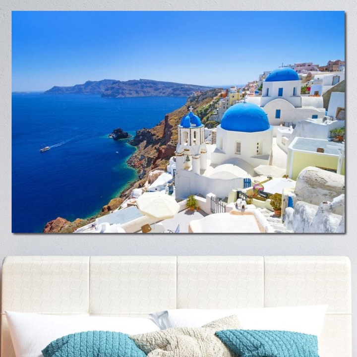 Tablou Canvas Premium, LuxCanva®O1033, Eternul Santorini, 100 X 150 CM, Panza Bumbac100% 400g/m2, Sasiu, Lemn, Egee, Nesfarsit, Albastru, Insula, Mare, Cer, Valuri, Vacanta, Turist, Relaxare, Dorinta, Familie, Libertate, Serenitate, Birou, Living