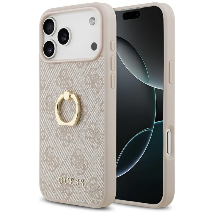 Калъф Guess 4G Ring Stand, розов, за iPhone 17 Pro Max, екологичен материал, удароустойчив