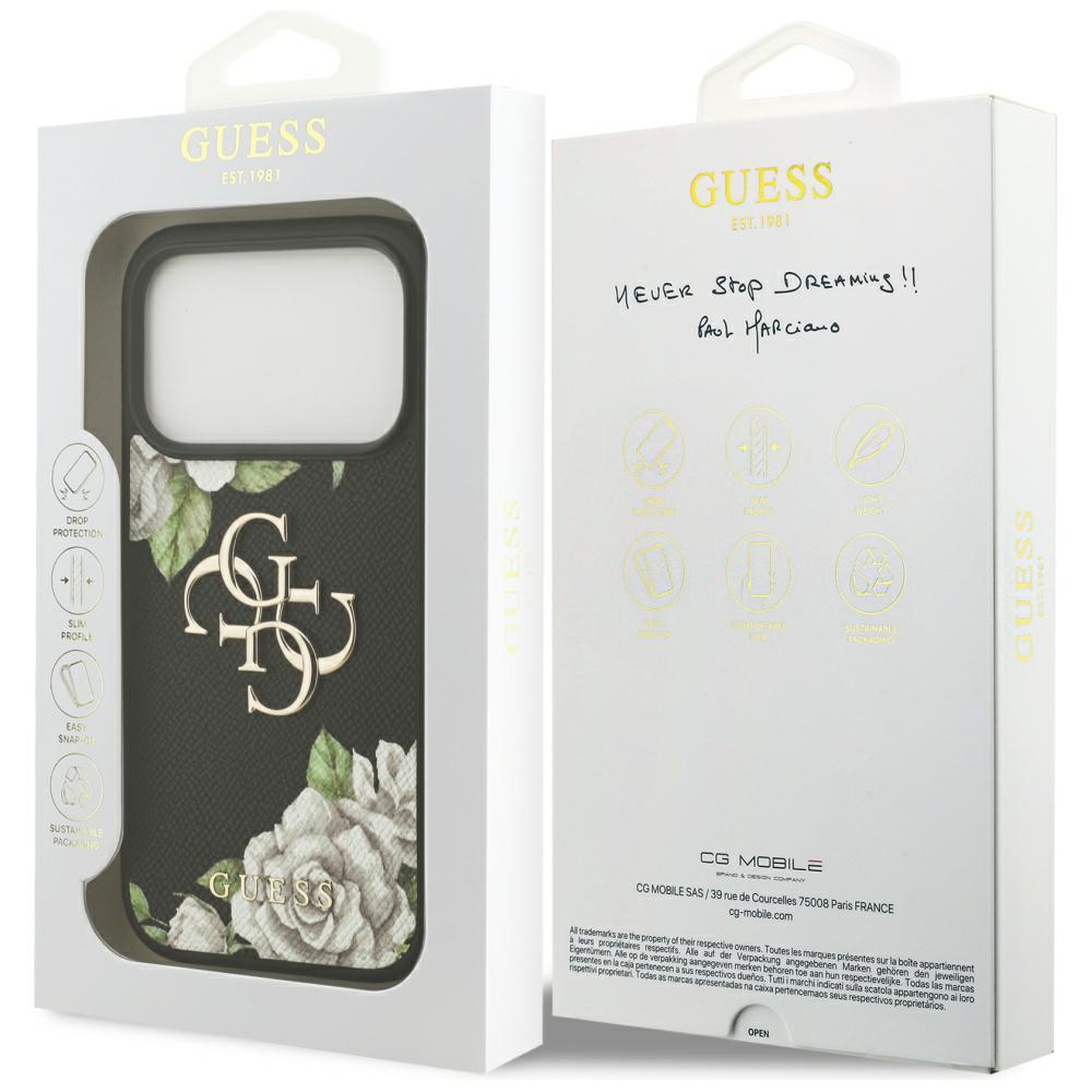 Etui Guess Grained Roses Big 4G logo, negru, pentru iPhone 17 Pro, rezistent la socuri, material TPU/PC