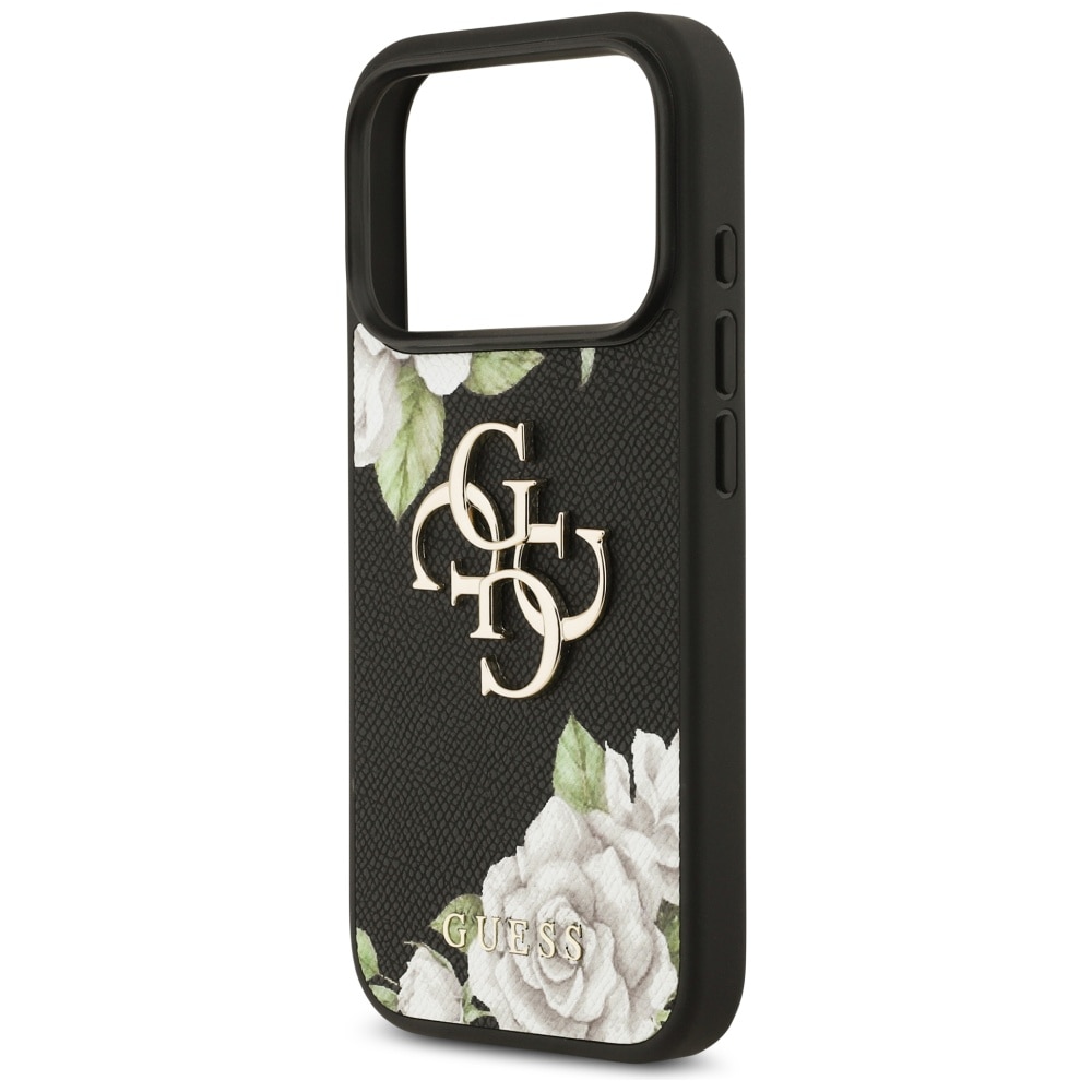 Etui Guess Grained Roses Big 4G logo, negru, pentru iPhone 17 Pro, rezistent la socuri, material TPU/PC