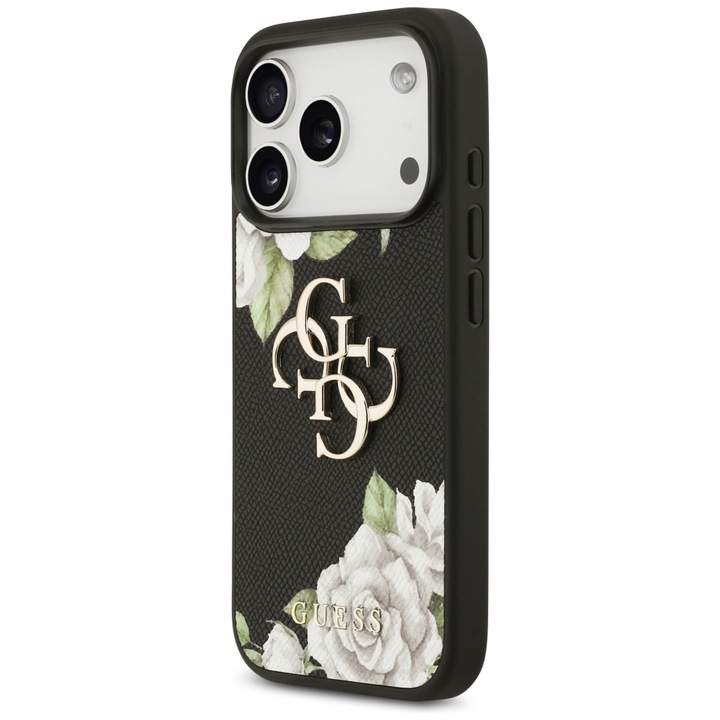 Etui Guess Grained Roses Big 4G logo, negru, pentru iPhone 17 Pro, rezistent la socuri, material TPU/PC